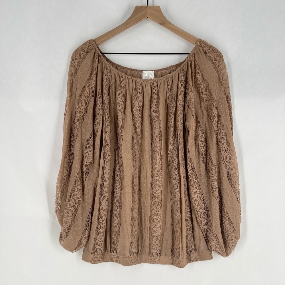 Nine 1 Eight Chic Brown Lace Blouse Off The Shoulder Balloon Sleeve‎ Size M